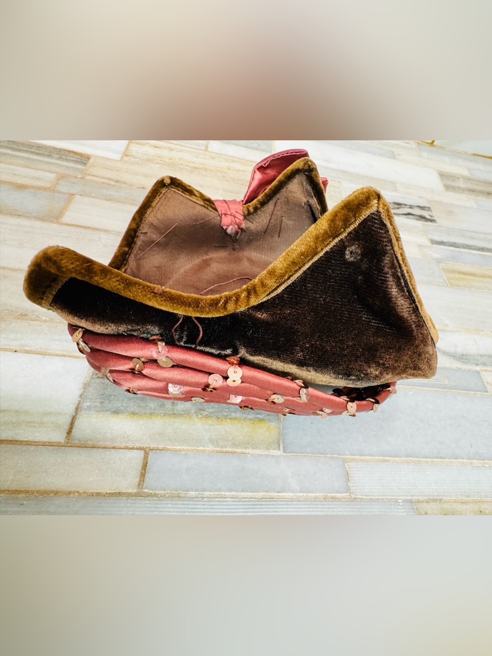 Vintage Brown Velvet Pillbox Hat Pink Satin Bow Sequin Trim Women’s Unbranded - Picture 12 of 16